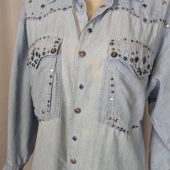90s Vintage Embellished Denim Snap Button Up Shirt Light Wash Size Small - Picture 12 of 16